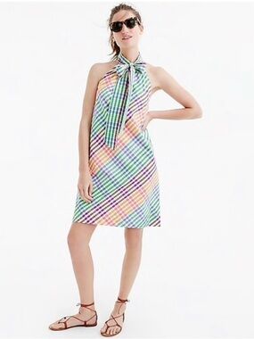 J.Crew Tie Neck Dress in Rainbow Gingham